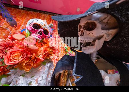 Zwei künstliche menschliche Schädel und farbige künstliche Rosen für Halloween-Dekorationen sind in einem Geschäft im historischen Zentrum von Hanoi erhältlich. Stockfoto