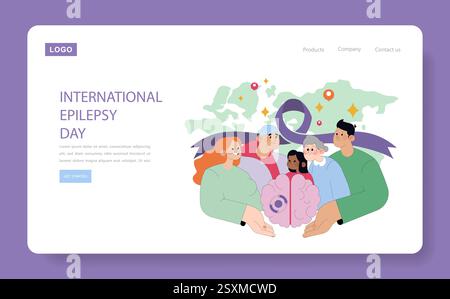 Illustration des Internationalen Epilepsietages. Eine vielfältige Gruppe von Einzelpersonen trifft sich, um das Bewusstsein für Epilepsie zu schärfen und die Unterstützung und das Verständnis der Gemeinschaft hervorzuheben. Das Design zeigt ein Gehirn und das Epilepsie-Bewusstseinsband, das Hoffnung und Fürsprache symbolisiert. Vektorabbildung. Stock Vektor