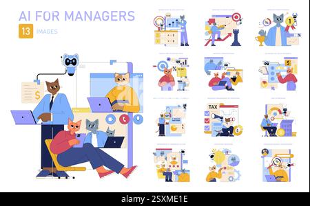 Illustration KI für Manager. Diese Sammlung zeigt, wie künstliche Intelligenz die Verwaltungseffizienz verbessert, die Entscheidungsfindung verbessert und die Kommunikation zwischen Teams optimiert. Vektorabbildung. Stock Vektor