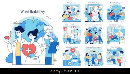Der Weltgesundheitstag hebt globale Gesundheitsinitiativen und -Sensibilisierung hervor. Es fördert Präventivmaßnahmen, psychische Unterstützung, Lifestyle-Verbesserungen, Impfungen und digitale Gesundheitsinnovationen. Vektorabbildung. Stock Vektor