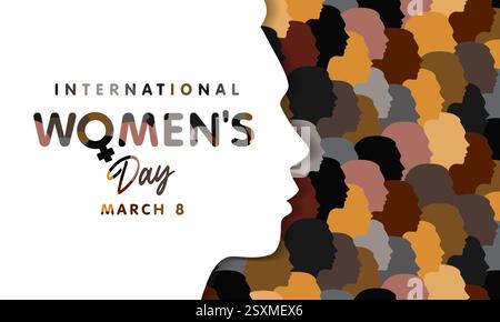 Internationaler Frauentag 8. März mit Silhouette eines weiblichen Porträts im Profil. Silhouette des Mädchengesichts auf einem Muster mit verschiedenen Gesichtern. Vektor Stock Vektor