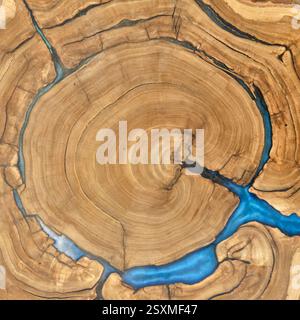 Nahaufnahme des Holzquerschnitts, der Tischplatte, mit natürlichen Ringen und Rissen gefüllt mit blauem Epoxidharz, die einen auffälligen Kontrast zwischen organischem und erzeugen Stockfoto