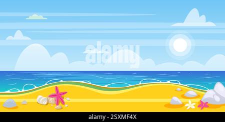 Sommerlandschaft am Meer. Vektor flache Zeichentrickillustration. Meer Ozean Strand Hintergrund. Design-Elemente für Reisen, tropische Urlaube Stock Vektor