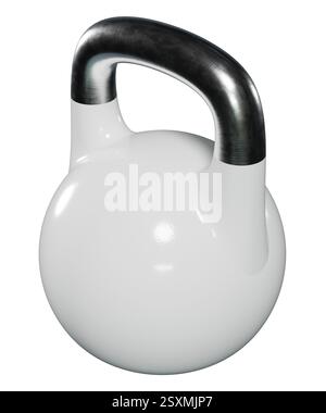 Olympische Kettlebell, leere schwere gusseiserne Kraftfahrausrüstung, weiß gestrichen, isoliert auf weißem Hintergrund. 3D-Abbildung Stockfoto