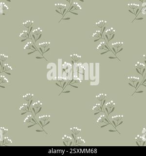 Achillea millefolium stilisierte Blumen, nahtloses Muster, Graswiese mit Schafgarbenzweigen. Vektorabbildung Stock Vektor