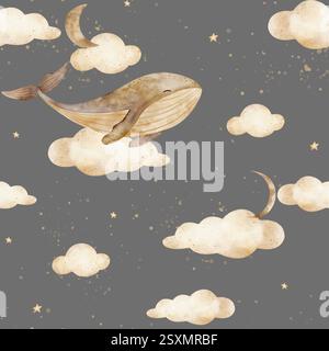 Wasserfarbenmuster beiger Wal schwimmt in Wolken, Mond, Sternen. Nahtloser Schwarzweißdruck. Handgezeichnete Illustrationen auf dunkelgrauem Hintergrund für die Gestaltung von Stockfoto