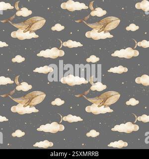 Einfarbige Wale mit nahtlosem Muster schwimmen in Wolken, Mond, Sternen. Aquarelldruck in beigefarbener Pastellfarbe. Handgezeichnete Illustrationen isoliert für Textilien Stockfoto