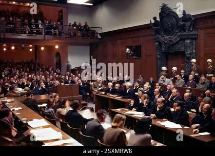 Der Gerichtssaal des Nürnberger Kriegsverbrecherprozesses 1946. In der Box sitzt Hermann Goering, ehemaliger Leiter der Luftwaffe mit Kopfhörern und dunklen Brillen. Als Nächstes kommen Rudolf Hess, ehemaliger Stellvertretender Führer Deutschlands, Joachim von Ribbentrop, ehemaliger Nazi-Außenminister, Wilhelm Keitel, ehemaliger Chef des Oberkommandos (verschwommenes Gesicht), und Ernst Kaltenbrunner, der ranghöchste überlebende SS-Führer. Stockfoto
