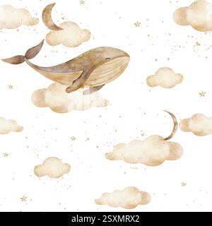 Einfarbige Wale mit nahtlosem Muster schwimmen in Wolken, Mond, Sternen. Aquarelldruck in beigefarbener Pastellfarbe. Handgezeichnete Illustrationen isoliert für Textilien Stockfoto
