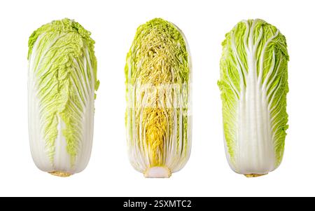Napa-Kohl ganz und in der Mitte geschnitten, isoliert auf weißem Hintergrund. Kopf des chinakohls und dessen Querschnitt in Nahaufnahme. Vegetarische, vegane Speisen. Stockfoto
