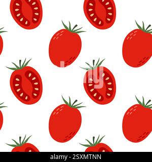 Nahtloses Tomatenmuster. Ganz und halb rotes Gemüse auf weißem Hintergrund. Handgezeichnete Vektorgrafik. Stock Vektor