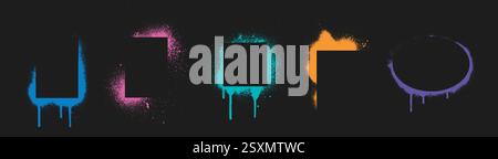 Neonfarben-Sprühschablonen isoliert auf schwarzem Hintergrund. Vektor-realistische Illustration von rechteckigen, quadratischen, runden Farbspritzer-Rahmen, Airbrush-Silhouette, grungy Street Art Rahmen mit Tropfen Stock Vektor