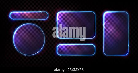 Neonglasrahmen mit leuchtend blauen Kanten, lila Lichteffekte auf transparentem Hintergrund. Sammlung geometrischer Formen – Kreis, Rechteck, abgerundete Quadrate mit beleuchteten Rändern. Stock Vektor