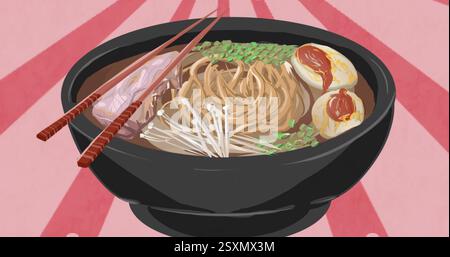Ramen-Schüssel mit Essstäbchen, Nudeln, Eiern und Gemüse, Bild auf rosa Hintergrund Stockfoto