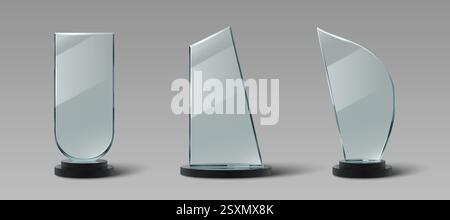 Trophäenkollektion aus Glas mit transparenten Auszeichnungen, schwarzen Standfüßen und minimalistischen geometrischen Formen. Realistische 3D-Kristall-Acrylpreise für Unternehmensleistungen, Wettbewerbe und Zeremonien. Stock Vektor