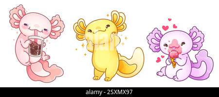 Niedliche Axolotl-Zeichen, isoliert auf weißem Hintergrund. Vektor-Karikaturillustration des Kawaii-Stils rosa und gelbe Salamander Tier lächelnd, Trinkwasser-Tee, Essen Eis, Bildung Maskottchen Stock Vektor
