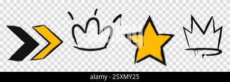 Symbole für Graffiti-Sprühfarben werden auf transparentem Hintergrund isoliert gesetzt. Vektor realistische Illustration von Street Art Skizzen, handgezeichneten schwarzen und gelben Pfeilen, Krone und Stern mit Spritzern und Tropfen Stock Vektor
