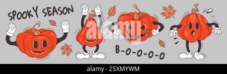 Groovige Kürbisfiguren mit unterschiedlichen Emotionen. Orange Halloween Maskottchen mit Handschuhen. Herbstdesign mit Ahornblättern und Spooky Season Text. Retro-Jack-o-Laternen für saisonale Dekoration. Stock Vektor