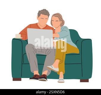 Altes Paar, das im Internet surft, zusammen mit einem Laptop Stock Vektor