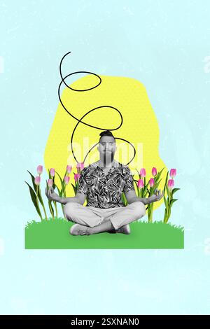 Kunstbild vertikale Foto Collage von ernsthaften Mann tun Yoga Meditation Sit Lotus Pose Tulpen Blume Blüte Frühling Saison Feier Stockfoto
