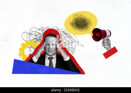 3D-Foto-Collage-Vorlage Trend-Composite aus älteren Mann Kopfschmerzen Handheld Lautsprecher Druck Beruf Vakanz Unternehmer Geschäft Stockfoto