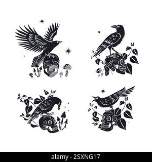 Handgezeichnete monochrome Inky-Raven oder Krähen sitzen auf menschlichen Schädel Silhouetten gesetzt Stock Vektor