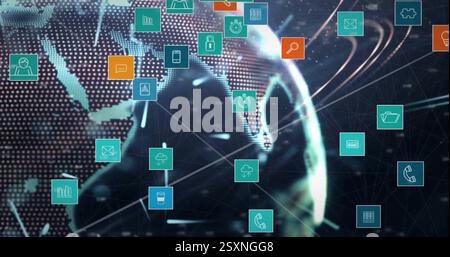 Bild eines Netzwerks von Verbindungen mit Symbolen auf der ganzen Welt Stockfoto