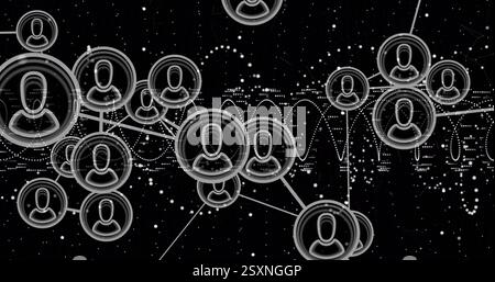 Abbildung des Netzwerks von Verbindungen mit Symbolen über dna-Strängen Stockfoto