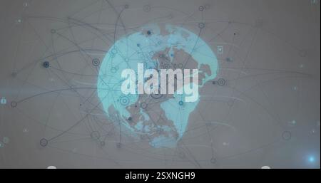 Bild des Netzwerks von Verbindungen und der Globe über Mediensymbole Stockfoto