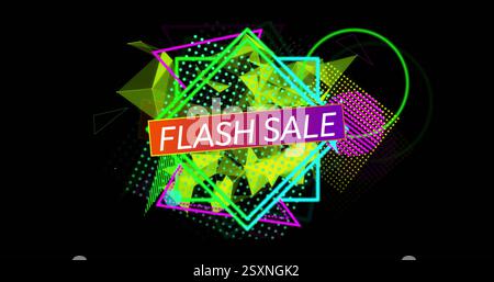 Flash Sale-Textbild über bunten geometrischen Formen auf schwarzem Hintergrund Stockfoto