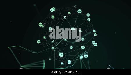 Bild eines Netzwerks von Verbindungen mit digitalen Symbolen auf der ganzen Welt Stockfoto