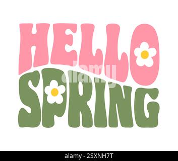 Lebendige Vektor-Illustration von Hello Spring in groovigem Schriftzug, umgeben von bunten Blumen, fängt die Freude und Energie der Frühlingssaison ein. Stock Vektor
