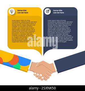 Infografik-Vorlage mit Symbolen und 2 Optionen oder Schritten. Handschlag. Kann für Workflow-Layout, Diagramm, Banner und Webdesign verwendet werden. Vektorabbildung Stock Vektor
