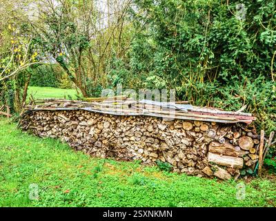 Ein alter Gewürzholzhaufen für die Hausfeuer-Verbrennung - Vienne (86), Frankreich. Stockfoto