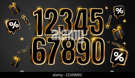 goldene Sammlung von Zahlen, volumetrische Symbole, Zahlensatz zum Verkauf. Vektor Stock Vektor