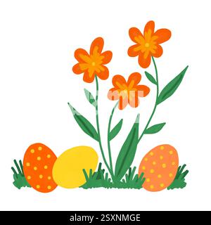 Handgezeichnete glückliche ostereier von gelb-oranger Farbe mit Verzierung mit Blumen grünen Blättern. Farbige religiöse christliche Symbole für Karten gestalten Festbanner, einfaches minimalistisches Design für Frühlingsferien Stockfoto