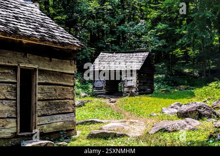 Kleine Blockhütte mit einer Tür und einem kleinen Schuppen. Die Kabine befindet sich auf der linken Seite des Bildes Stockfoto
