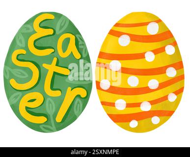 Handgezeichnete glückliche ostereier in bunter oranger Farbe mit lustigem helles Ornament. Farbige religiöse christliche Symbole für Karten gestalten Festbanner, einfaches minimalistisches Design für Frühlingsferien Stockfoto