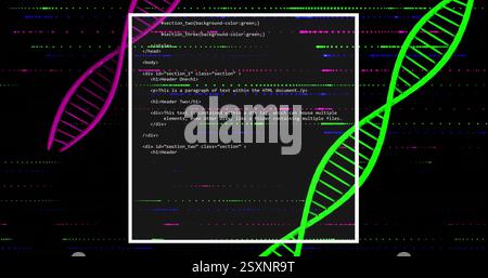 HTML-Code-Snippet über DNA-Strangbild mit bunten Linien Stockfoto
