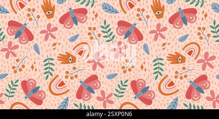 Nahtloses Schmetterlings- und Blumenmuster mit mystischen Symbolen, handgezeichneten botanischen Elementen und weichen leuchtenden Farben auf hellbeigem Hintergrund für Text Stock Vektor