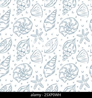 Nahtloses Muster mit ozeanischem Muster aus Muscheln im Line Art-Stil. Handgezeichneter, sich wiederholender Hintergrund mit Meeresbewohnern und Muscheln in verschiedenen Formen. Stock Vektor