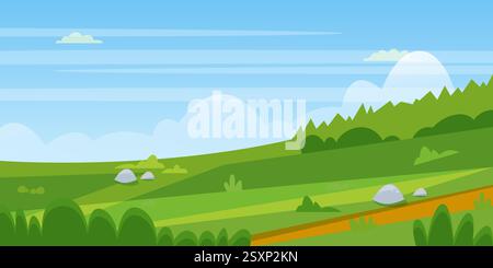 Frühlings- oder Sommerlandschaft. Vektor-flache Karikaturillustration von grünen Gras Bauernhof Felder. Ländliche Wiese, ländliches Panorama. Banner Hintergrund und des Stock Vektor