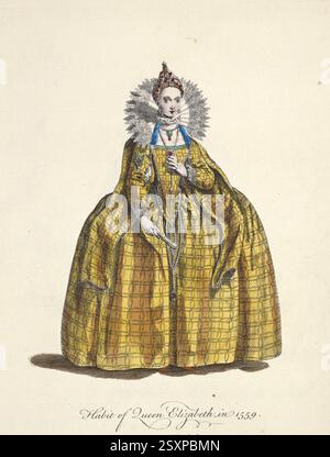 Historische Kleidung, Mode im Laufe der Zeit, Elisabeth I., Elisabeth I., eigentlich Elisabeth Tudor, auch die Jungfrau Königin, die Jungfrau Königin (7. September 1533 - 24. März 1603), war Königin von England und Irland vom 17. November 1558 bis zum Ende ihres Lebens, hier 1559, digital restaurierte Reproduktion eines Originals aus dem 18./19. Jahrhundert, exaktes Datum unbekannt, historische Kleidung, Mode im Laufe der Zeit, Elisabeth I., Elisabeth Tudor auch die Jungfrau Königin, auch die Jungfrau (7. September 1533 - 24. September) März 1603), Krieg vom 17. November 1558 bis an ihr Lebensende Königin von Engl Stockfoto