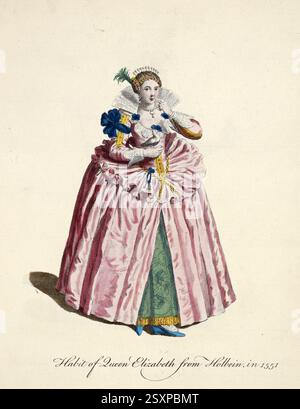 Historische Kleidung, Mode im Laufe der Zeit, Elisabeth I., Elisabeth I., eigentlich Elisabeth Tudor, auch die Jungfrau Königin, die Jungfrau Königin (7. September 1533 - 24. März 1603), war Königin von England und Irland vom 17. November 1558 bis zu ihrem Lebensende, digital restaurierte Reproduktion eines Originals aus dem 18./19. Jahrhundert, genaues Datum unbekannt, historische Kleidung, Mode im Laufe der Zeit, Elisabeth I., eigentlich Elisabeth Tudor, auch die Jungfrau Königin, auch die Jungfrau (7. September 1533 - 24. September) März 1603), Krieg vom 17. November 1558 bis an ihr Lebensende Königin von England und Irland Stockfoto