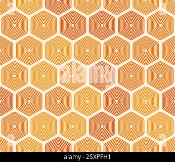 Mosaik-Sechseck-Formen Hintergrund. Abgerundetes, gestapeltes Sechseck-Mosaikmuster. Orangefarbene Farbtöne. Große Sechskantformen. Nahtloses Muster. Stock Vektor