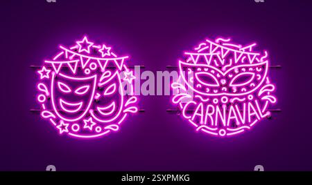 Karneval Neonschild, Farbe lila, Festival-Etikett. Vektor Stock Vektor
