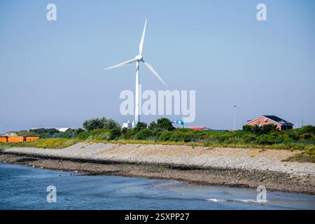 Borkum, Deutschland. Juni 2024. Im Hafen der Nordseeinsel steht eine Windturbine. Quelle: Hauke-Christian Dittrich/dpa/Alamy Live News Stockfoto