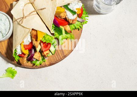 Griechisches Hühnchen-Souvlaki-Wraps mit Gemüse und Tzatziki-Sauce auf weißem Hintergrund, Draufsicht, Kopierraum. Gesundes griechisches Essen. Döner-Hühnchen-Döner-Kebab Stockfoto