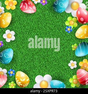 Osterplakat Banner quadratischer Hintergrund. Bunte 3D-Eier, Gänseblümchen, Kamillenblüten auf grünem Gras. Vektorabbildung. Urlaubsrahmen mit Platz Stock Vektor