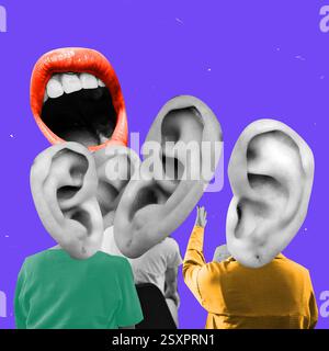 Zeitgenössische Kunstwerke. Übergroße Ohren lauschen riesigen Lippen, die vor violettem Hintergrund sprechen. Konzept der Kommunikation, aktives Zuhören Stockfoto